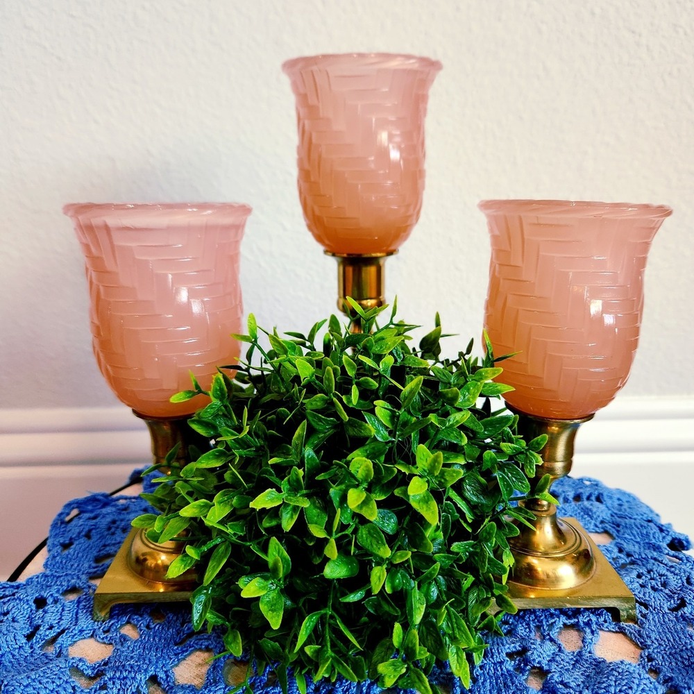 Lot of 3 VTG S.N.M. Pink Opalescent Slag Glass Basketweave Peg Candle Votives